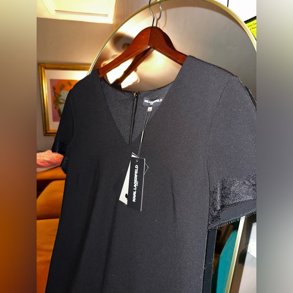 Karl Lagerfeld Flapper Style, Black Lace & Faux Leather Trim Dress SZ 10 NWT - Picture 4 of 15